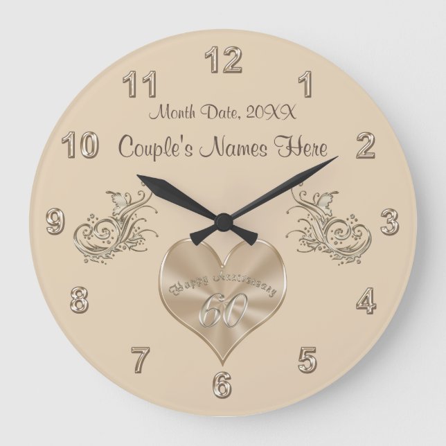 60th Wedding Anniversary Gift Couple's NAMES, DATE Large Clock (Front)