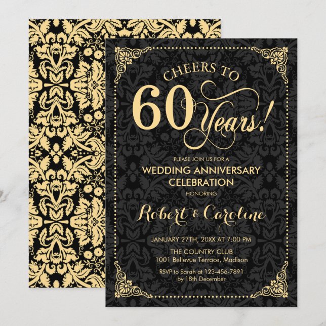 60th Wedding Anniversary - Gold Black Damask Invitation (Front/Back)