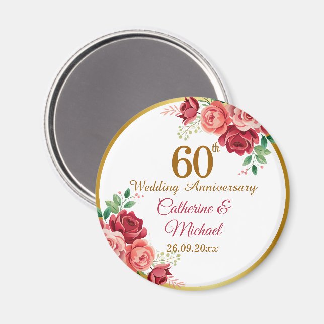 60th Wedding Anniversary Gold Frame Floral Magnet (Front/Back)