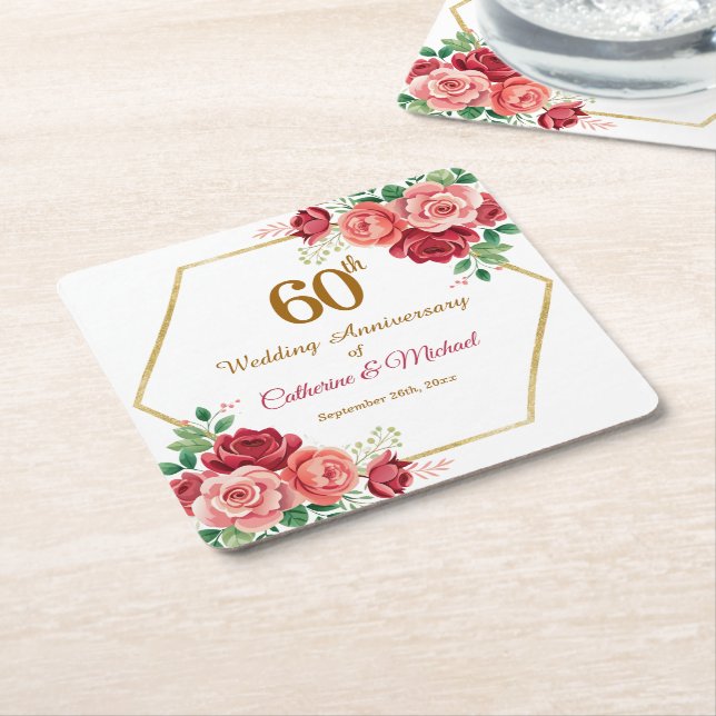 60th Wedding Anniversary Gold Frame Floral Square Paper Coaster (Angled)