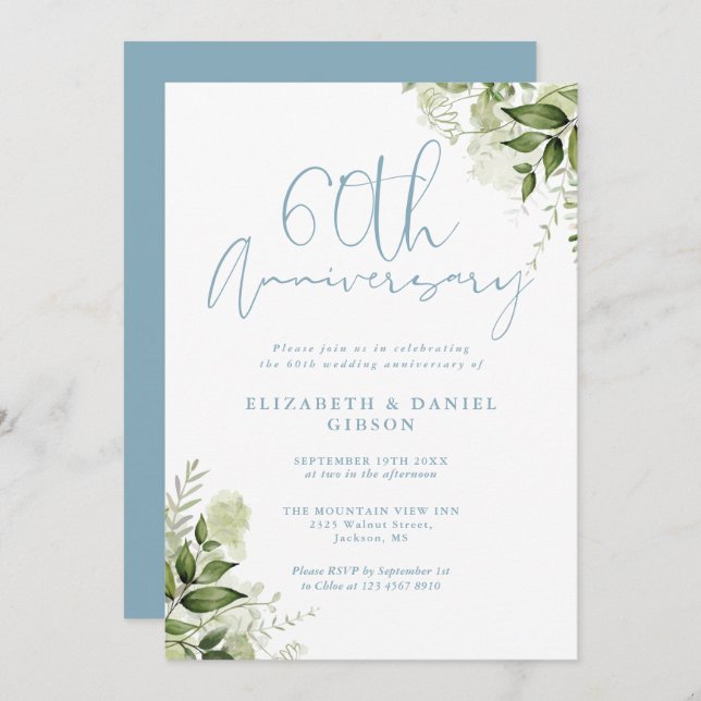 60th Wedding Anniversary Greenery Floral Invitation (Front/Back)