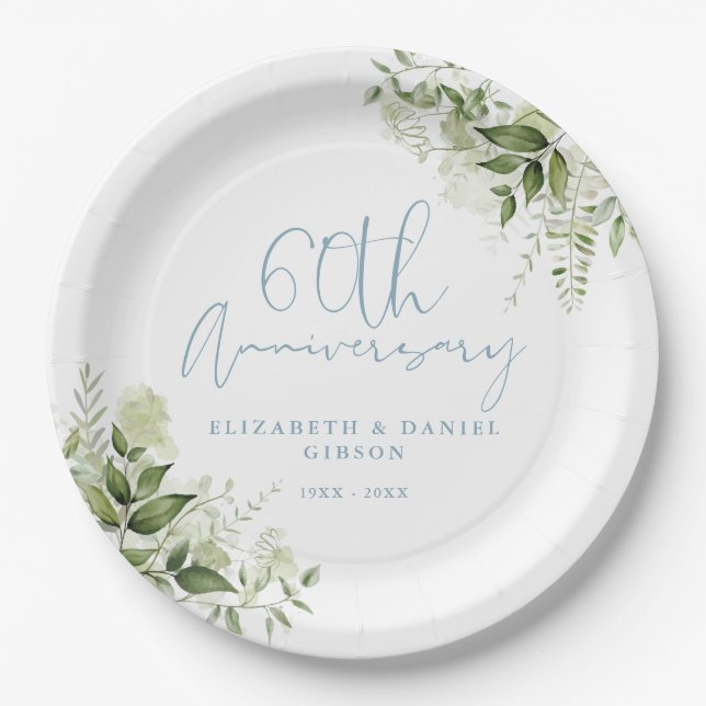 60th Wedding Anniversary Greenery Floral Paper Plate (Front)