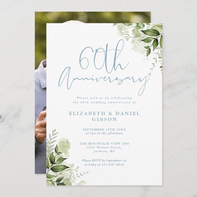 60th Wedding Anniversary Greenery Floral Photo Invitation (Front/Back)