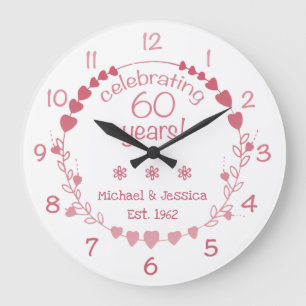 60th Wedding Anniversary Hearts Large Clock