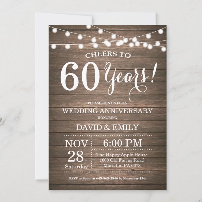 60th Wedding Anniversary Invitation Rustic Wood (Front)