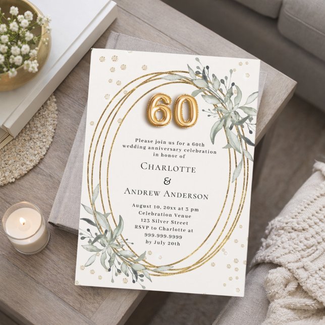 60th wedding anniversary ivory greenery diamonds invitation (Creator Uploaded)