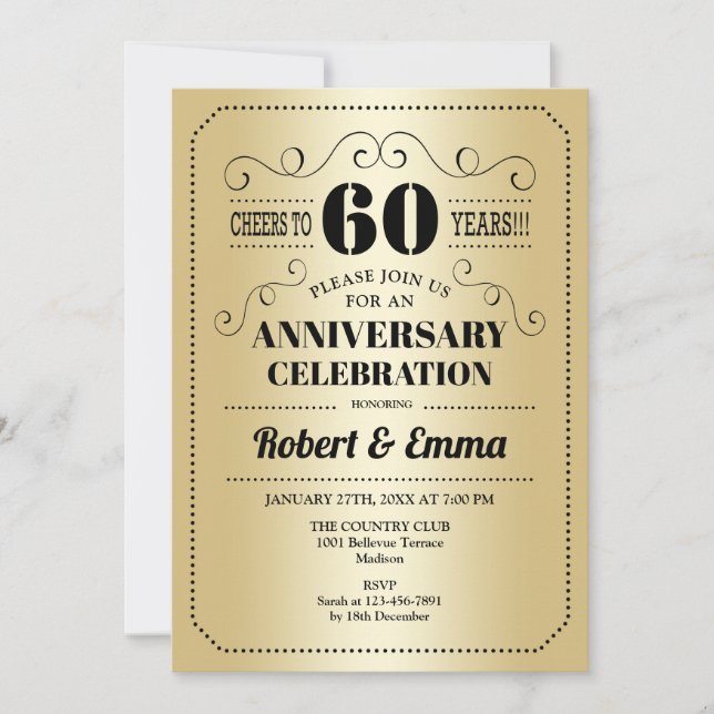 60th Wedding Anniversary Party - Gold Black Invitation (Front)