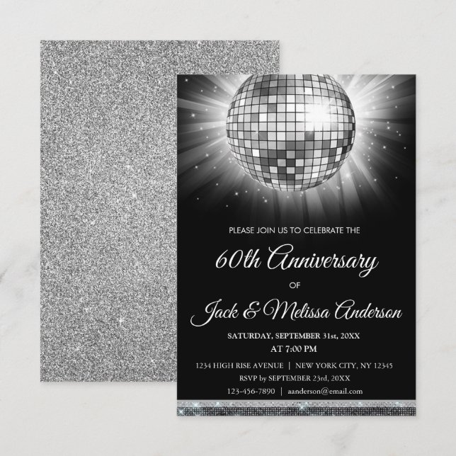 60th Wedding Anniversary Party Silver Disco Ball Invitation (Front/Back)