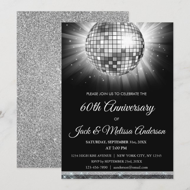 60th Wedding Anniversary Party Silver Disco Ball Invitation (Front/Back)