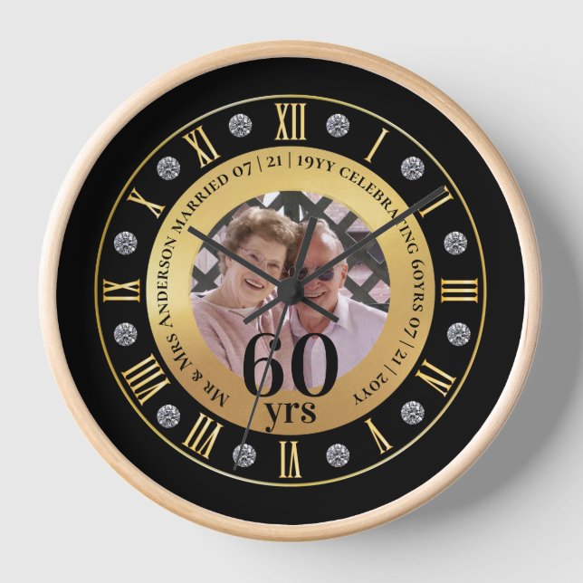 60th Wedding Anniversary PHOTO Gift Diamond Sixty Clock (Front)