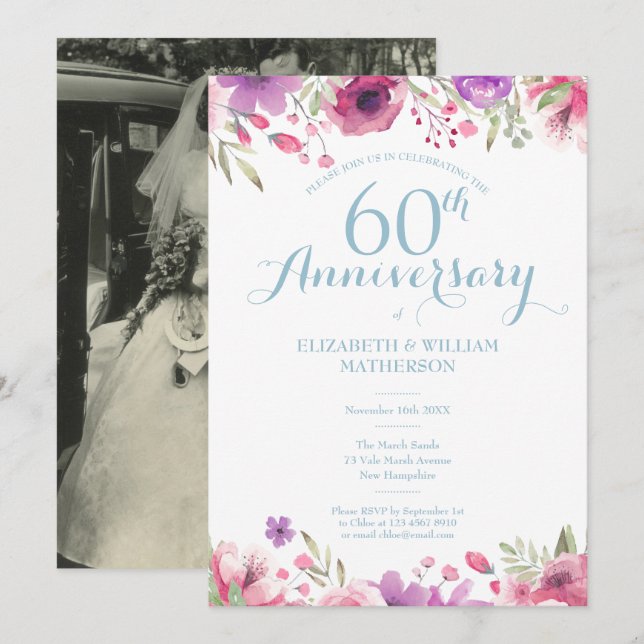 60th Wedding Anniversary Photo Watercolor Roses Invitation (Front/Back)