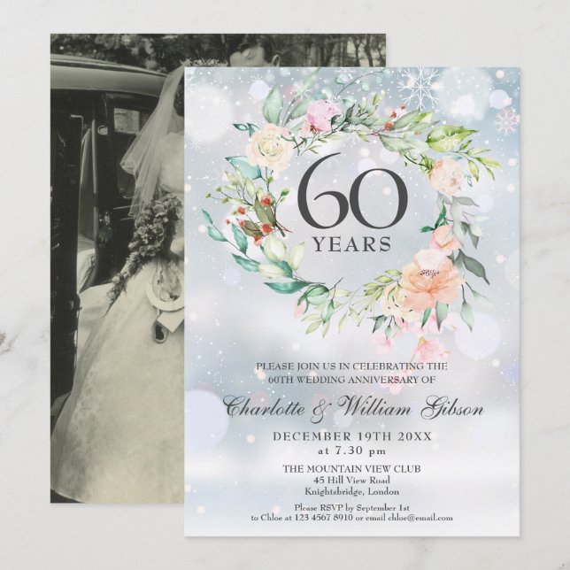 60th Wedding Anniversary Photo Winter Floral  Invitation (Front/Back)