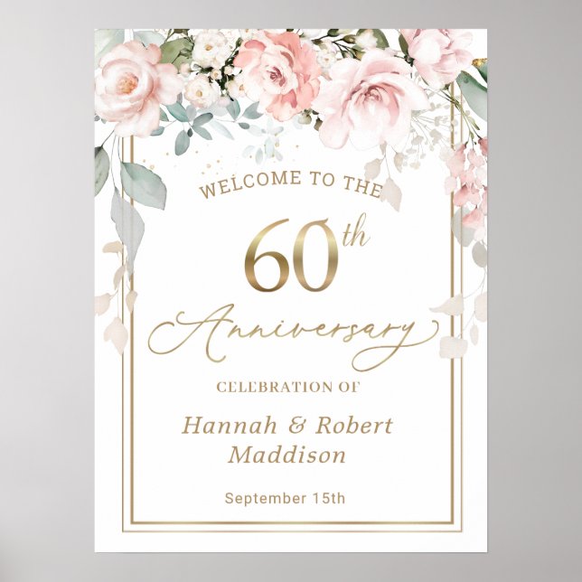 60th Wedding Anniversary Pink Roses Foliage  Poster (Front)