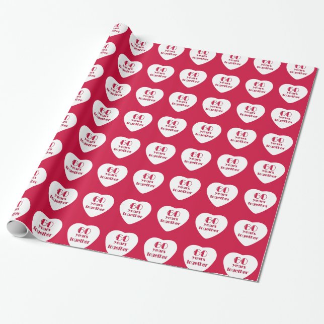 60th Wedding Anniversary Red Hearts Wrapping Paper (Unrolled)