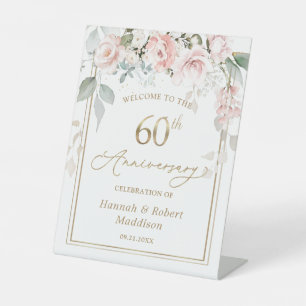 60th Wedding Anniversary Roses Foliage Pedestal Sign