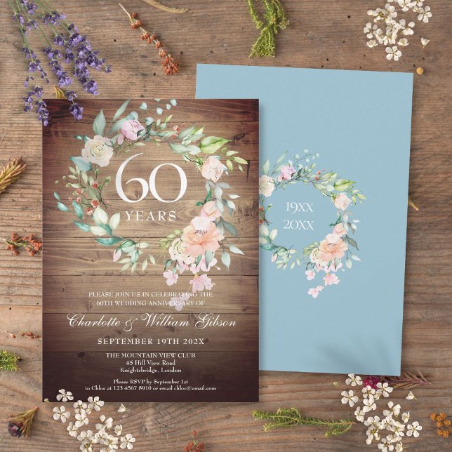 60th Wedding Anniversary Roses Rustic Wood Invitation (60th Wedding Anniversary Roses Rustic Wood Invitation)