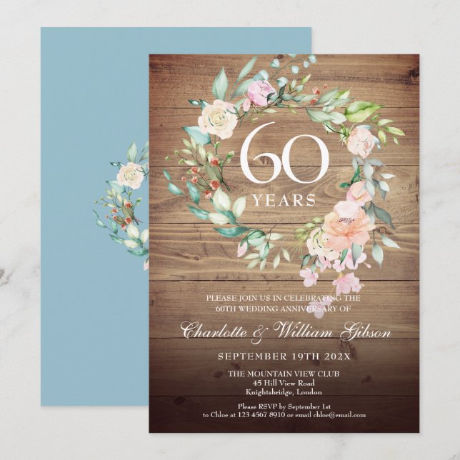 60th Wedding Anniversary Roses Rustic Wood Invitation (Front/Back)