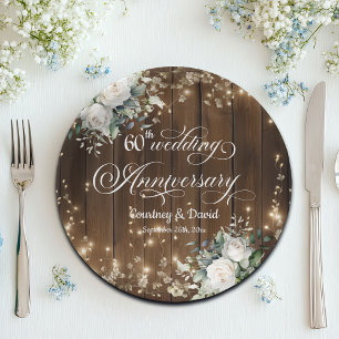 60th Wedding Anniversary Rustic String Lights  Paper Plate