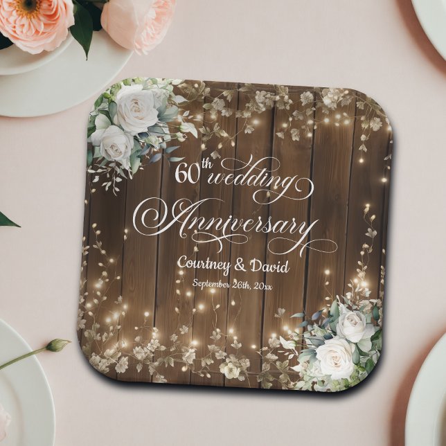 60th Wedding Anniversary Rustic String Lights  Paper Plate (Creator Uploaded)