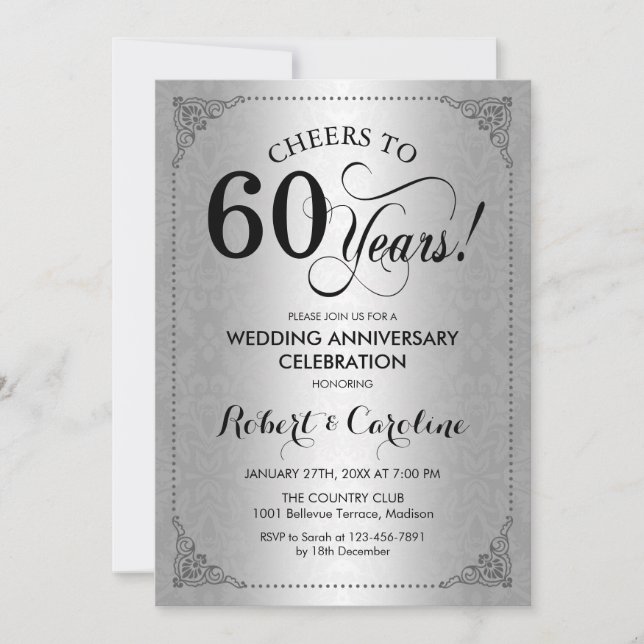 60th Wedding Anniversary - Silver Black Damask Invitation (Front)