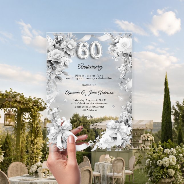 60th wedding anniversary silver florals bows acrylic invitations (Creator Uploaded)