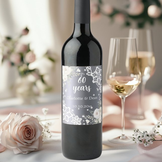 60th wedding anniversary silver florals diamonds wine label (Creator Uploaded)