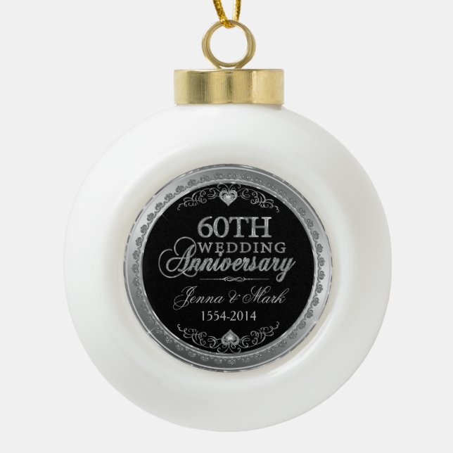60th Wedding Anniversary Silver Frame & Hearts Ceramic Ball Christmas Ornament (Front)