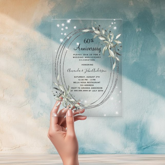 60th wedding anniversary silver greenery diamond acrylic invitations (Creator Uploaded)