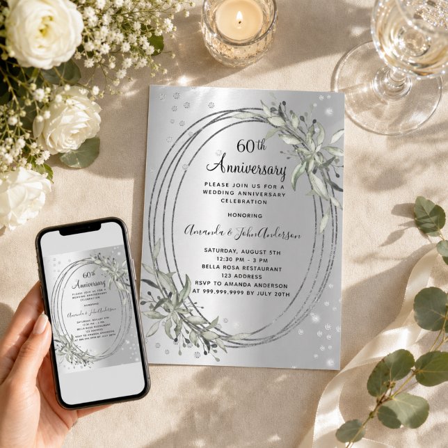 60th wedding anniversary silver greenery diamond invitation (Creator Uploaded)