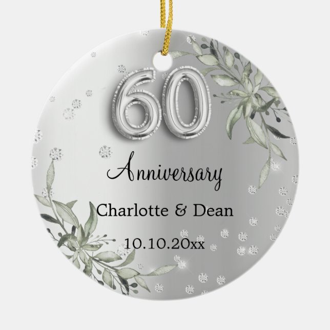 60th wedding anniversary silver greenery diamonds ceramic tree decoration (Front)
