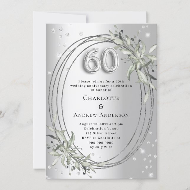60th wedding anniversary silver greenery photo invitation (Front)