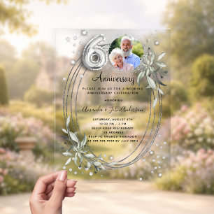 60th wedding anniversary silver photo diamond acrylic invitations