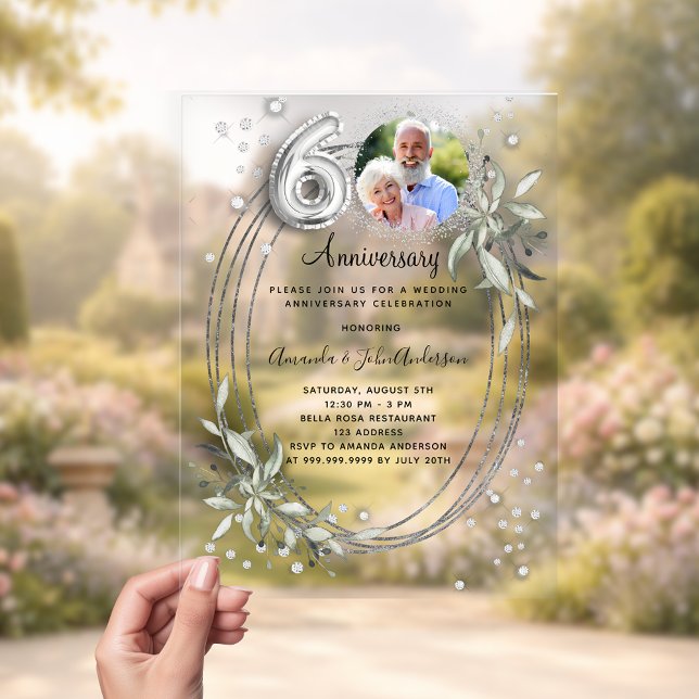 60th wedding anniversary silver photo diamond acrylic invitations (Creator Uploaded)