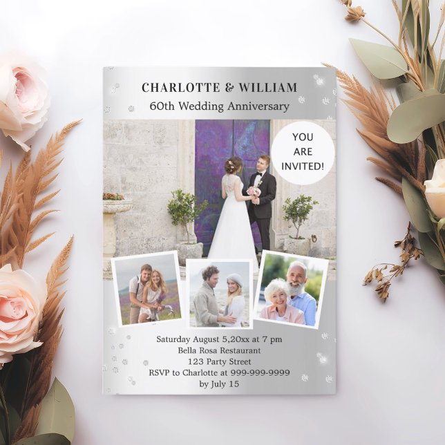 60th wedding anniversary silver photo diamond invitation (Creator Uploaded)