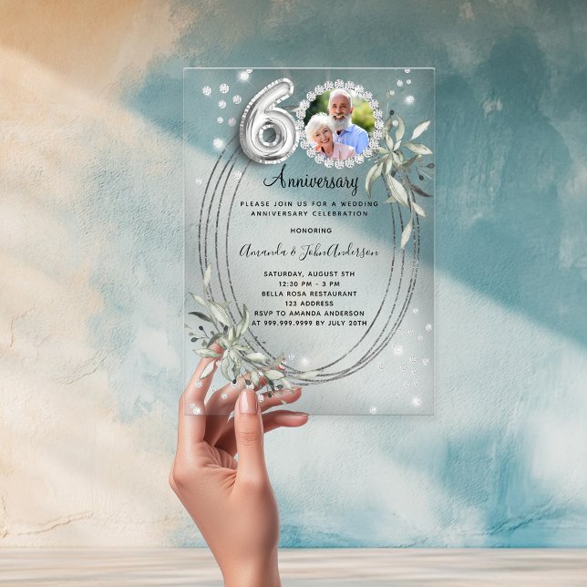 60th wedding anniversary silver photo diamonds acrylic invitations (Creator Uploaded)