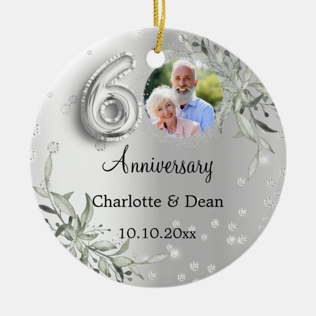 60th wedding anniversary silver photo diamonds ceramic tree decoration (Front)