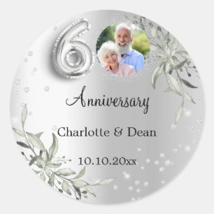 60th wedding anniversary silver photo diamonds classic round sticker
