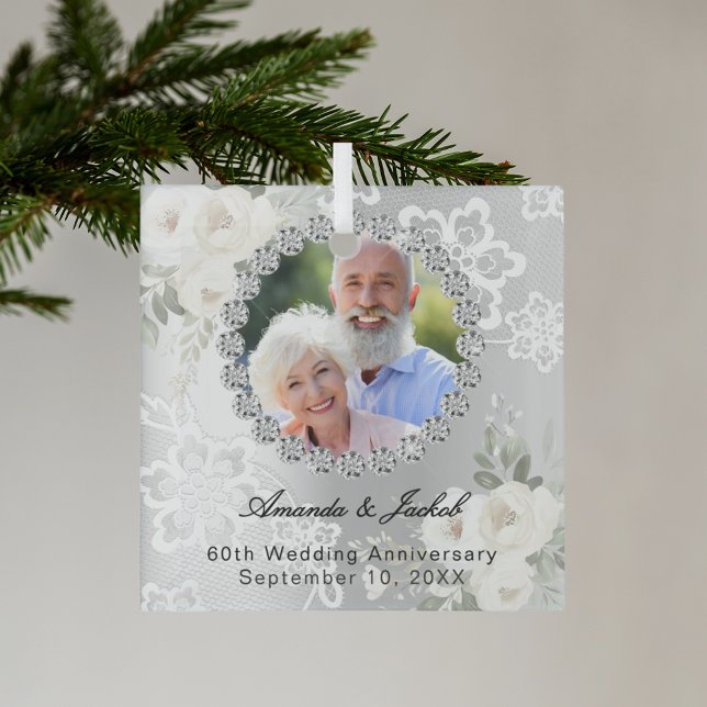 60th Wedding Anniversary silver photo florals lace Glass Tree Decoration (Creator Uploaded)