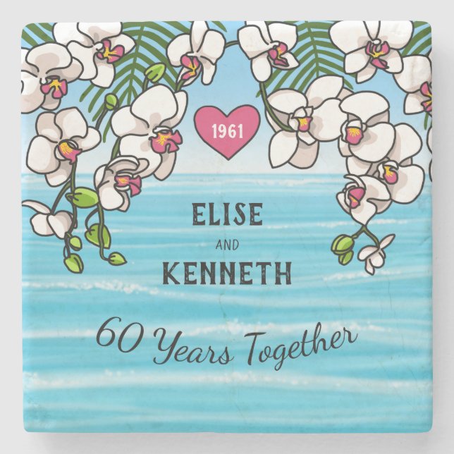 60th Wedding Anniversary Tropical Beach Orchids Stone Coaster (Front)