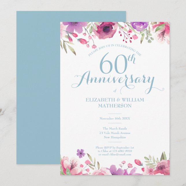 60th Wedding Anniversary Watercolor Floral Invitation (Front/Back)