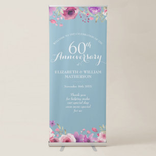 60th Wedding Anniversary Watercolor Roses Welcome Retractable Banner