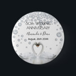 60th wedding anniversary white swans in love 6 cm round badge<br><div class="desc">Two beautiful swans in love bending their heads toghether and forming a heart. With diamonds ad decoration. White elegant background, perfector for a diamond wedding anniversary! A swan couple stay together for life, so they are the perfect symbol of love. With the text: 60th Anniversary. Template for two names, black...</div>