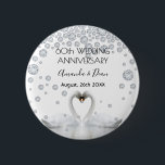 60th wedding anniversary white swans in love 6 cm round badge<br><div class="desc">Two beautiful swans in love bending their heads toghether and forming a heart. With diamonds ad decoration. White elegant background, perfector for a diamond wedding anniversary! A swan couple stay together for life, so they are the perfect symbol of love. With the text: 60th Anniversary. Template for two names, black...</div>