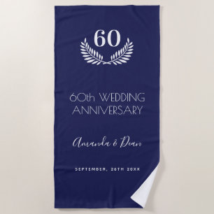 60th wedding annversary navy blue white wreath beach towel
