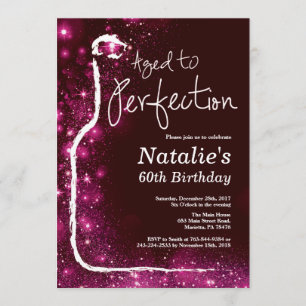 60th Wine Birthday Aged to Perfection Pink Glitter Invitation