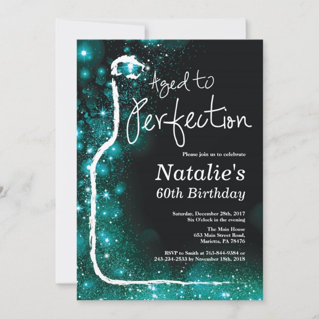 60th Wine Birthday Aged to Perfection Teal Invitation (Front)