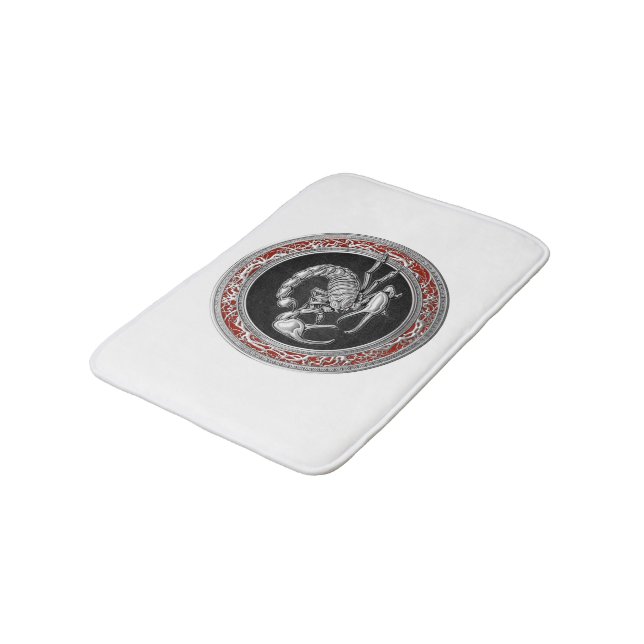 [610] Sacred Silver Scorpion on Black Bath Mat (Angled)