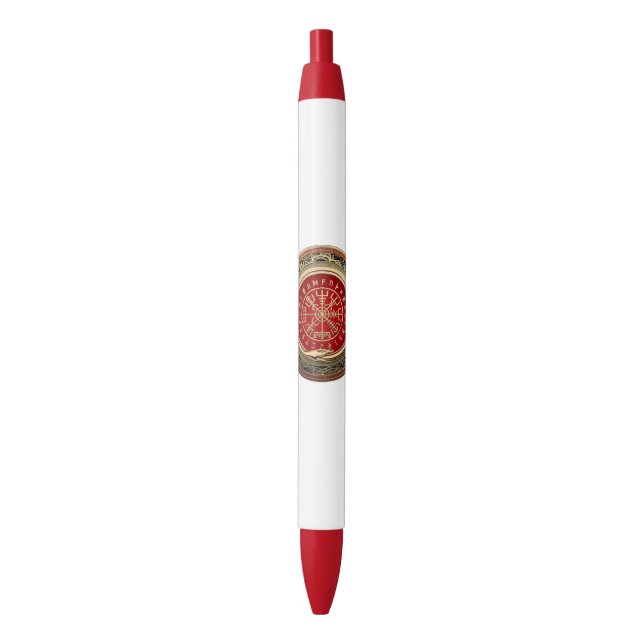[610] Vegvisir - Viking Gold Magic Runic Compass Black Ink Pen (Front Vertical)