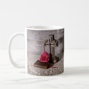 6134-Pink Rose with Bible, Cross and Pearls Coffee Mug