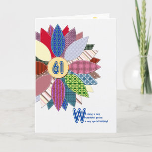 61 years old, stitched flower birthday card